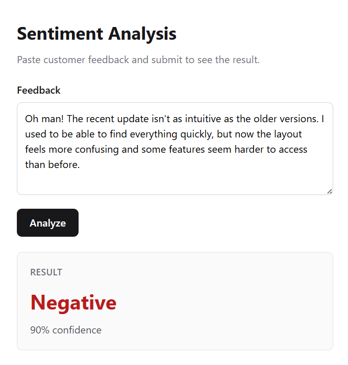 Sentiment analysis demo classifying a negative software product review as Negative with 90% confidence