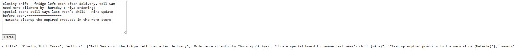 Flask form with a messy shift note, including a fourth line for Natasha, and the parsed dict underneath