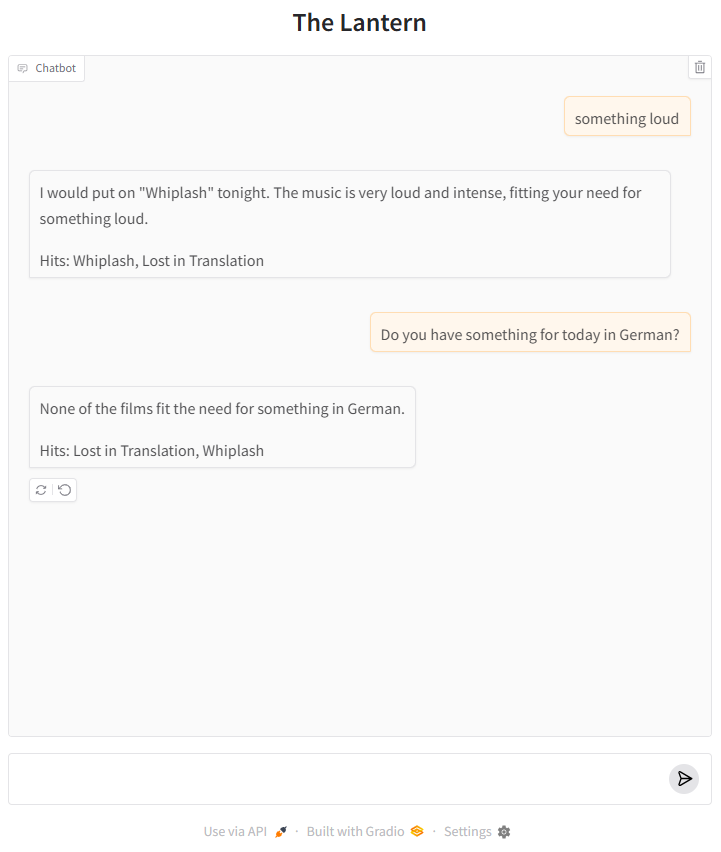 Gradio chat putting on “Whiplash” for something “loud”, then saying none of the films fit a “German” need